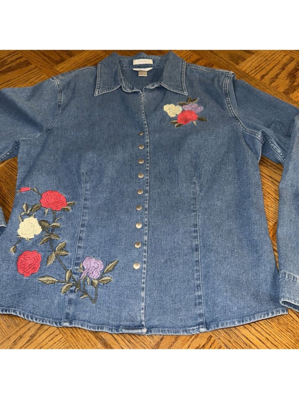 Christopher & Banks Womens Stretch Denim Shirt Floral Embroidery Snap Buttons Si